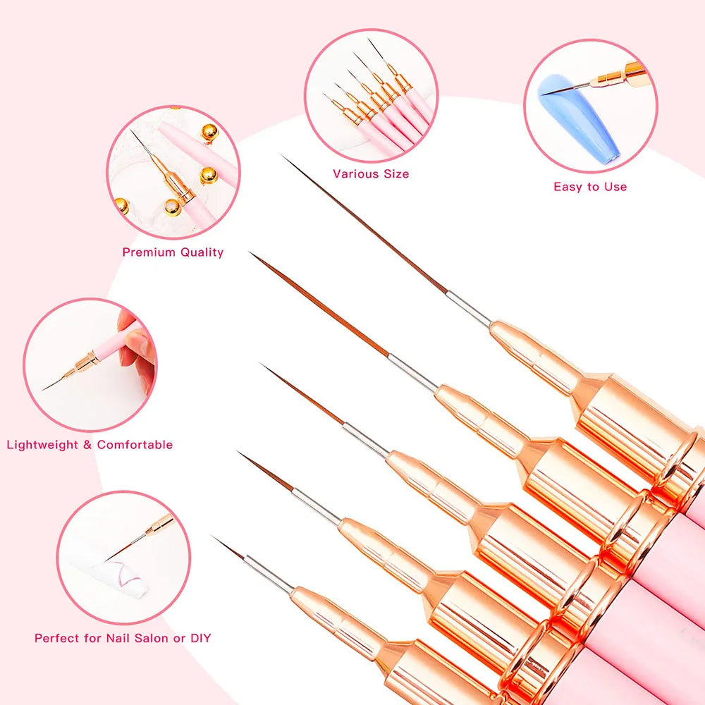 Precision Nail Art Liner Brush Set - 5 Pack