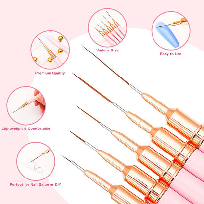 Precision Nail Art Liner Brush Set - 5 Pack