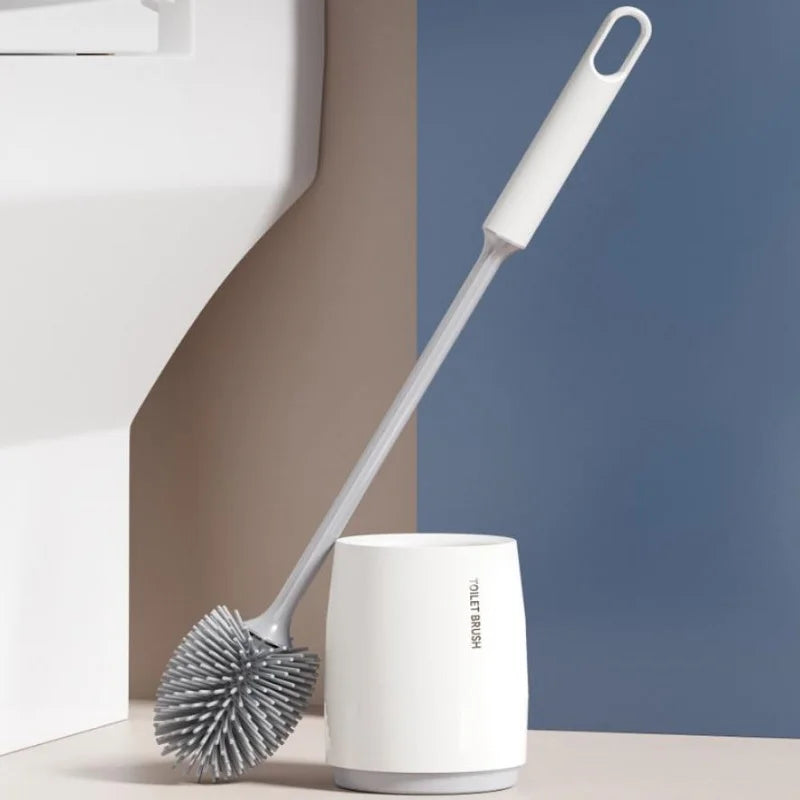 Silicone Head Toilet Brush with Quick Draining Holder - Wall Mount or Floor Stand