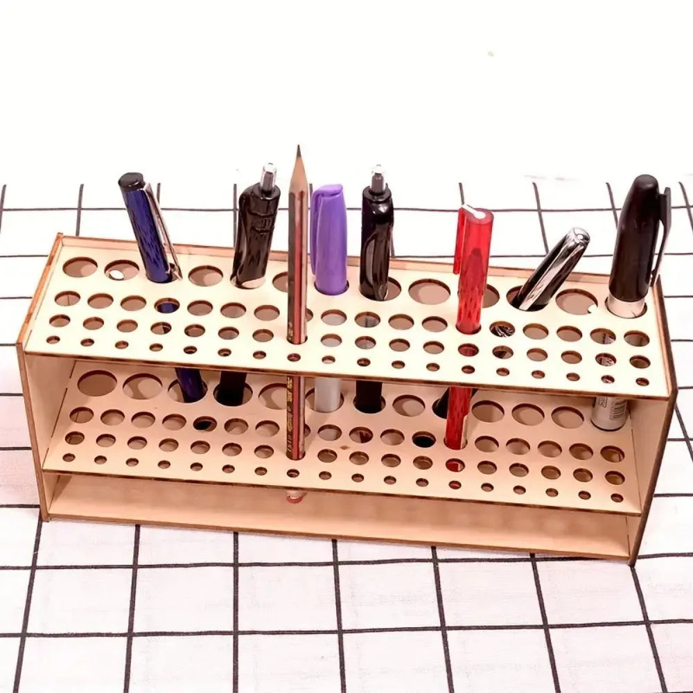 67-Slot Premium Wooden Brush Double-Layer Holder Durable Artist Desk Organizer Pen Stand
