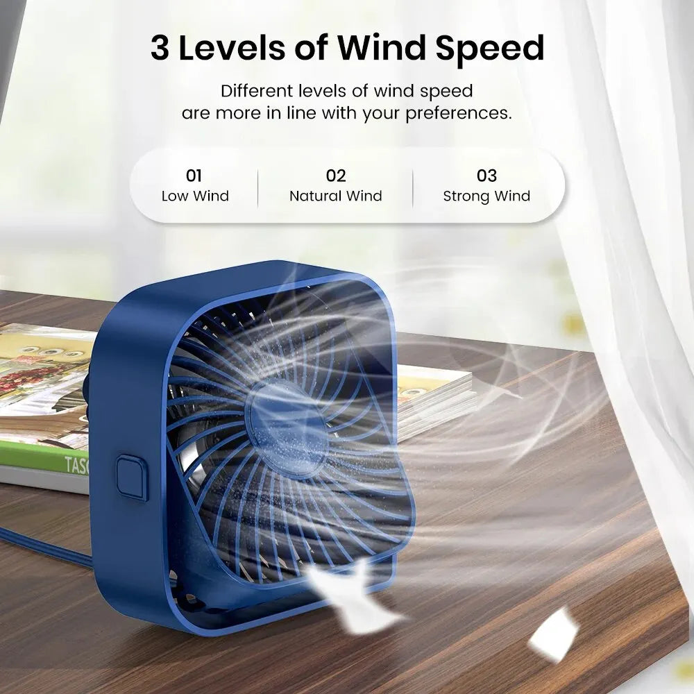 Mini USB Desk Fan, 3-Speed Quiet Portable Fan with 360° Rotation