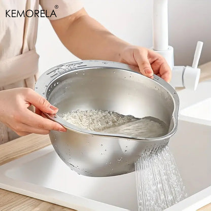 Stainless Steel Rice Washing Bowl with Easy-Drain Strainer